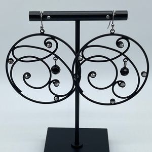 Ornate Black Hoops with Crystals and Beads - Pierced